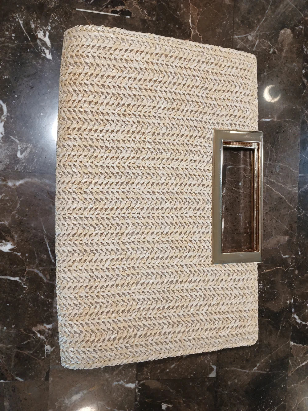 Straw Rectangle Top-Handle Clutch Bag With Gold Accents